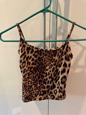 White Fox lined Leopard Print Spaghetti Strap Tank Top